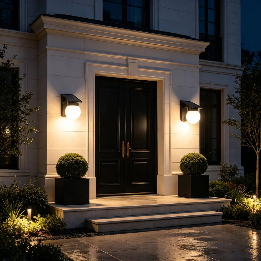 Outdoor Solar LED Wall Lights IP65 Waterproof Wall Sconce 3-Colors Temperature Dimmable Solar Lamp For Garden Porch Patio Fence