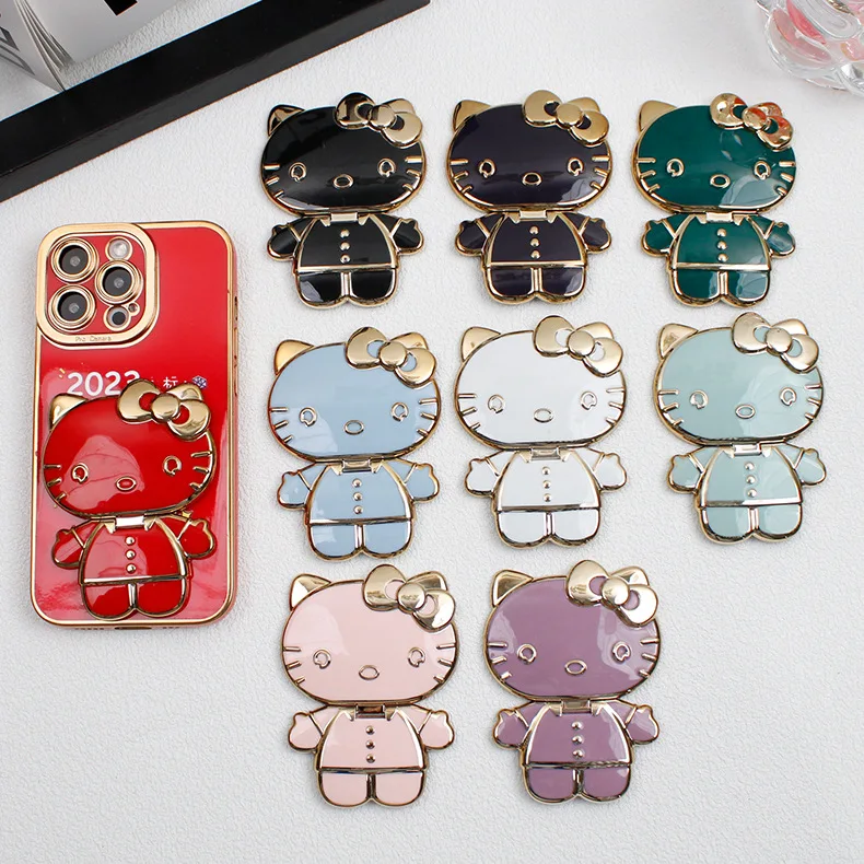 Kawaii Sanrio Hello Kitty Mobile Phone Holder Anime Figure Back Sticker Foldable Rotatable Makeup Mirror Ins Style Birthday Gift