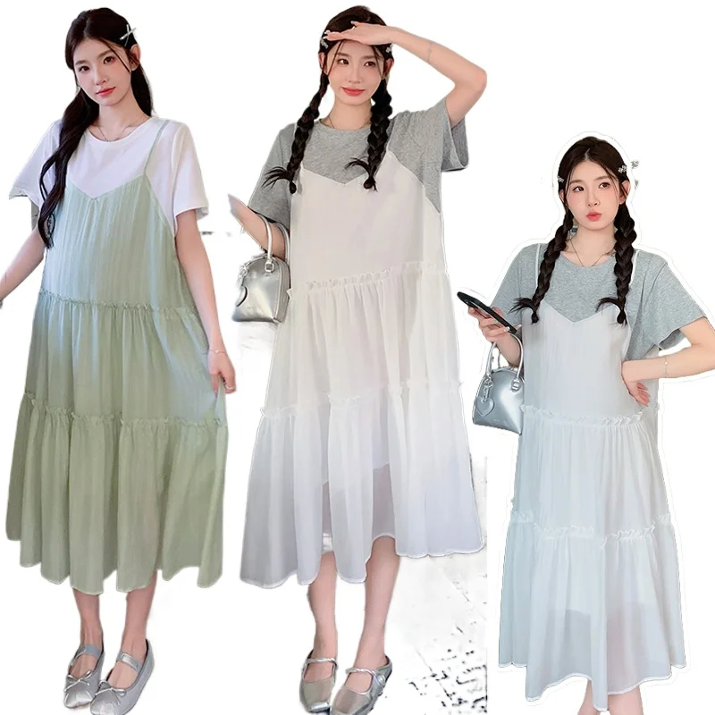 Korean Style Maternity Cotton Dress Short Sleeve O-neck Block Color Patchwork Pregnant Woman Faux Two Pieces Dress Loose Clothes