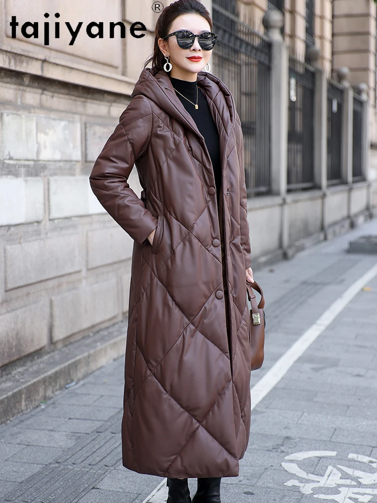 TAJIYANE Real Sheepskin Goose Down Coat Women Long Slim Belt Puffer Jackets Hooded Genuine Leather Jacket Woman Clothes 2025 코트