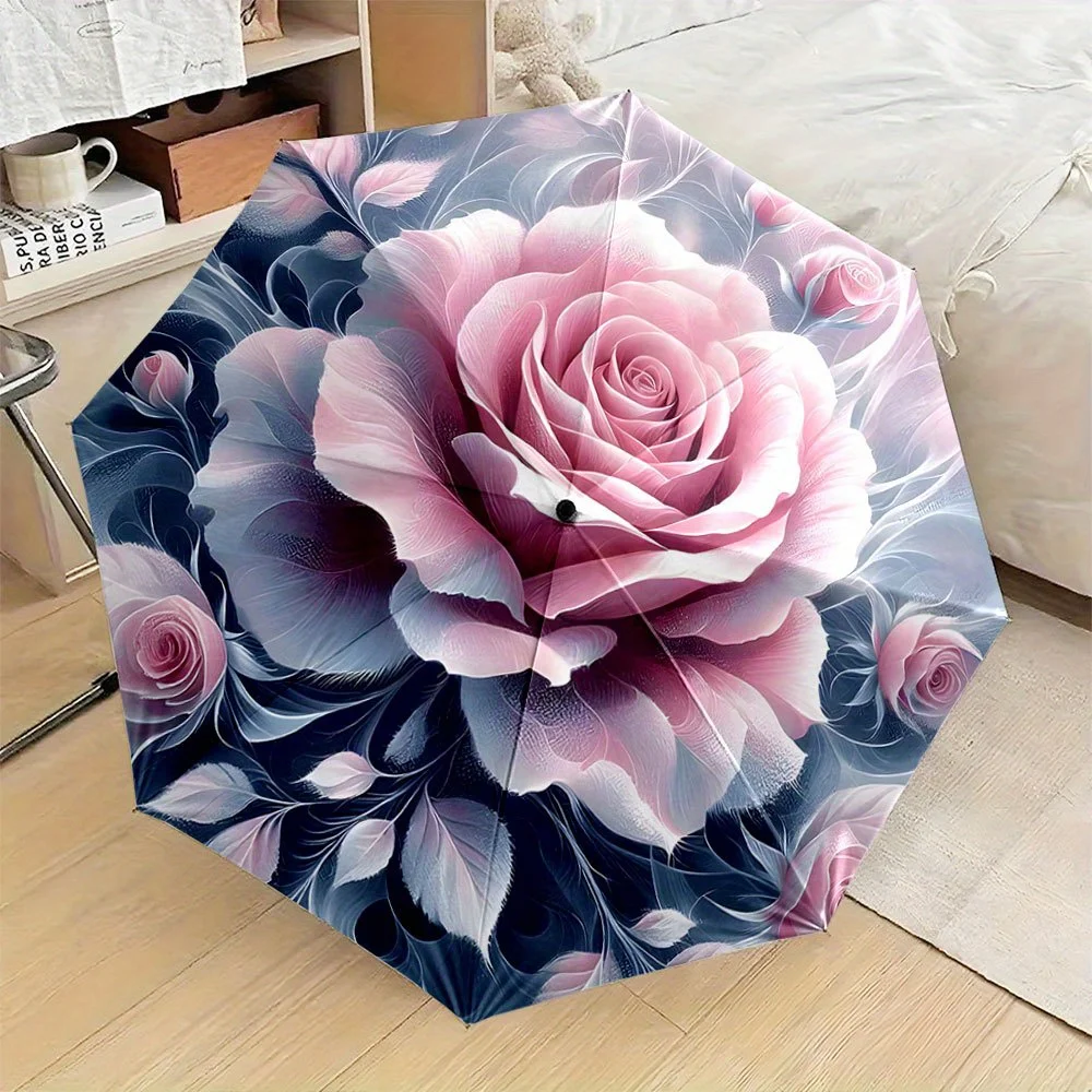 

The Umbrella Showcases Big Pink Roses with Soft Gradient Petals, Complemented by Intricate Dark Foliage. Ideal for Travel