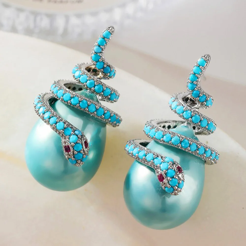 

Missvikki New Luxury Snake Pearl Pendant Earrings Full Micro Elegant Shiny Cubic Zirconia for Women Bridal Wedding Party Jewelry