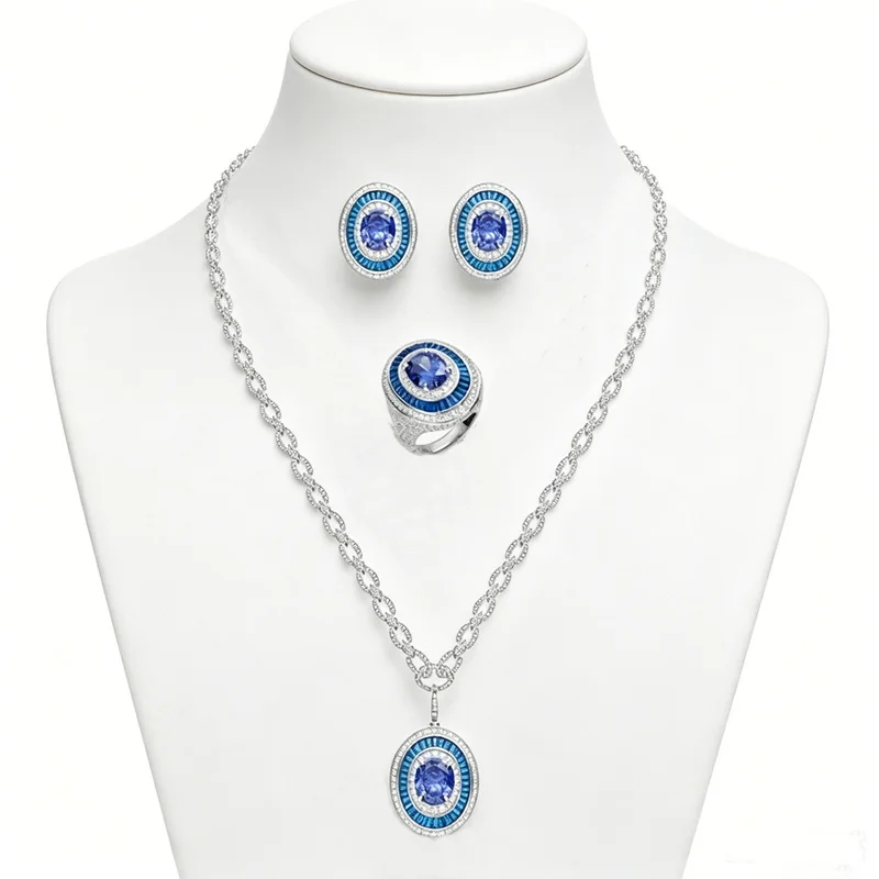Elegant Style Ring Earrings Necklace Women Inlay Cubic Zircon Synthetic Tanzanite Oval Pendant Fine Dinner Party Jewelry Sets