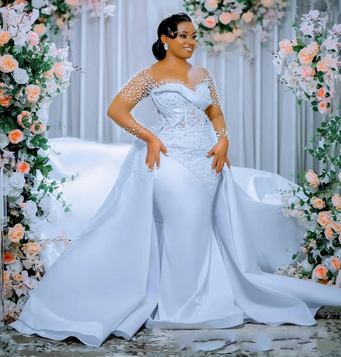 

2025 New Mermaid Wedding Dress Removable Skirt Illusion Scoop Beads Appliques Lace Satin Bridal Bride Gowns Vestidos De Noiva