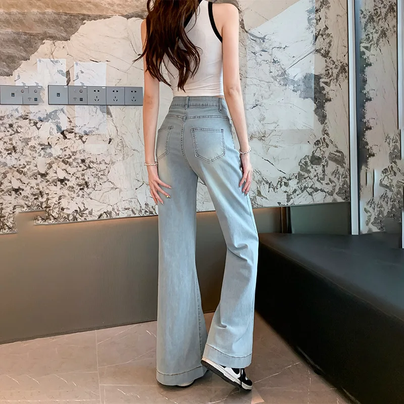 Jeans Women Light Blue High Waist Wide Leg New Loose Pocket Korean Chic Straight Floor-length Trousers Simple All-match OL Daily