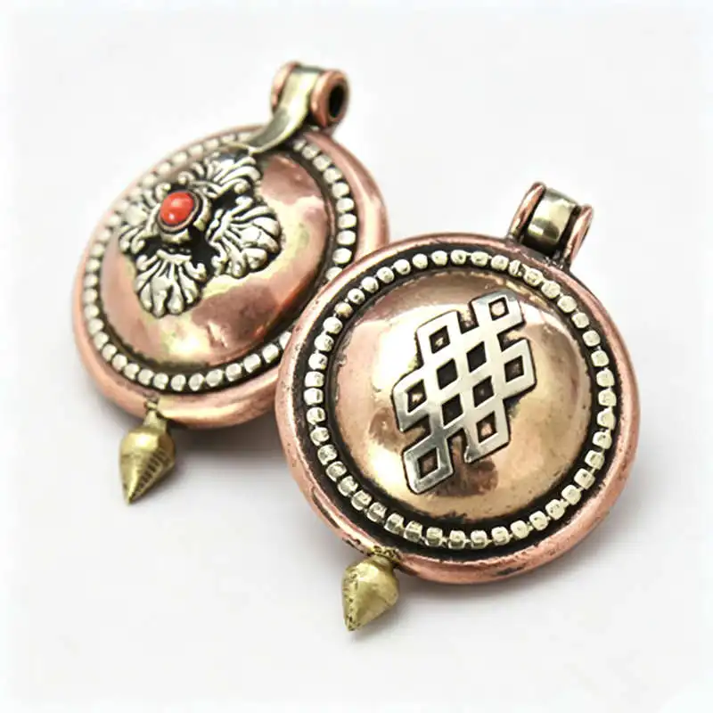Tibetan Red Brass Cross Dorje Endless Knots Round Prayer Box Amulet Locket Pendants Lucky Knots TGB082
