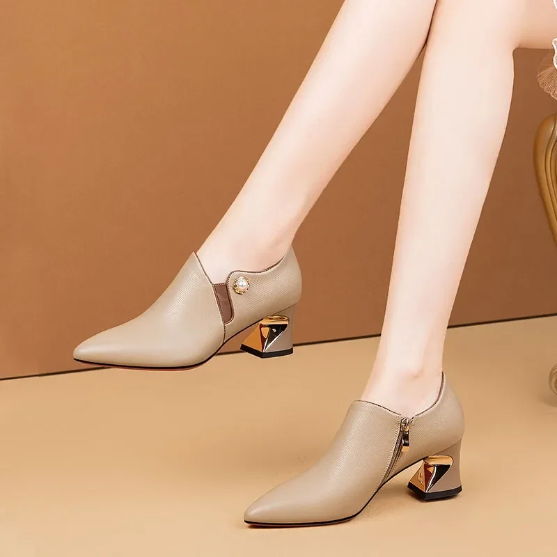 Botas Femininas Women Fashion Pointed Toe Comfort Spring & Autumn Ankle Heel Boots Lady Casual Beige High Quality Shoes A147