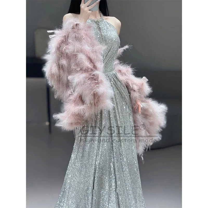 GIYSILE 맞춤형 홀터넥 패션 섹시 2025 신상 고급스러운 분위기 핑크 깃털 숄 연회 시퀸 이브닝 드레스