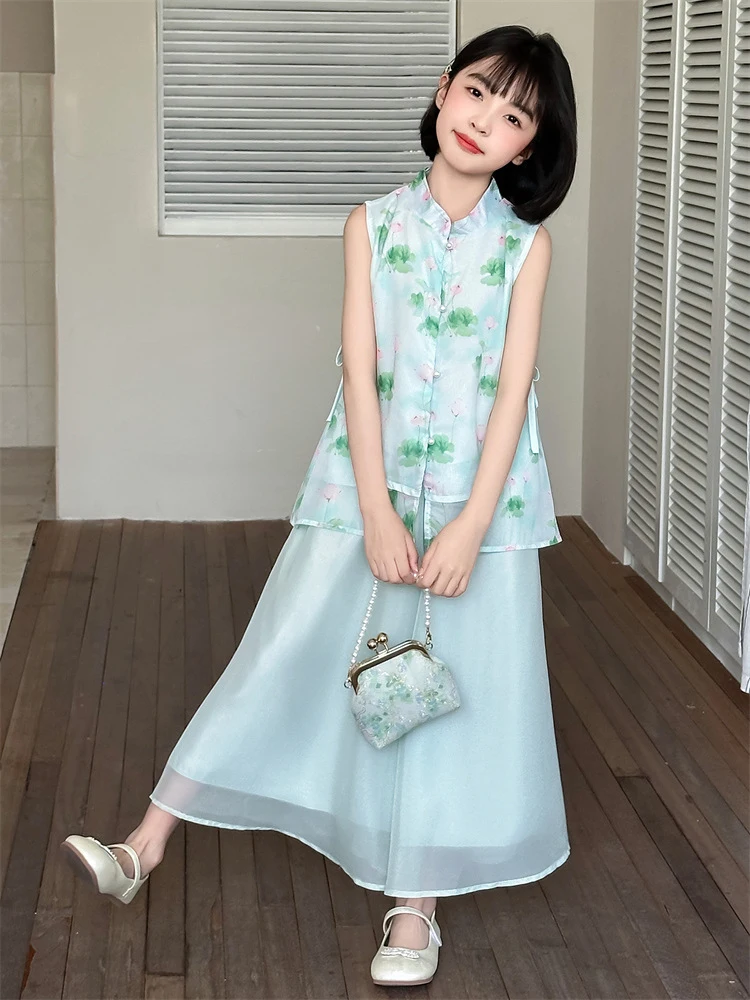

Girls' New Chinese Style Summer Outfit2026New stylish sleeveless wide-leg pants Hanfu two-piece set for older children