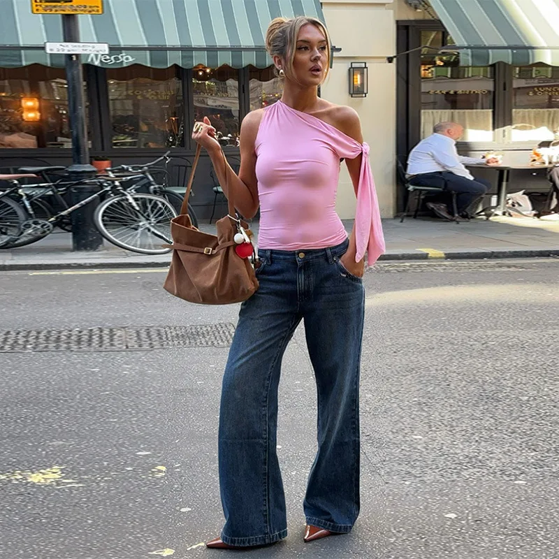 Damen Schulterfreies Ärmelloses Top Einfarbig Sexy Figurbetont Unregelmäßiges Tanktop Lässig 2026 Y2K Schräger Kragen Streetwear Sommerkleidung