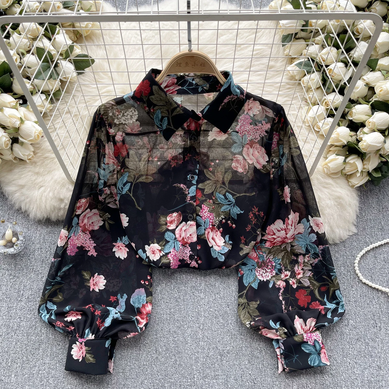 Vintage Elegant Puff Long Sleeve Print Blouse Fashion Shirt  Casual Chic Top Fairy  Summer Women Shirt