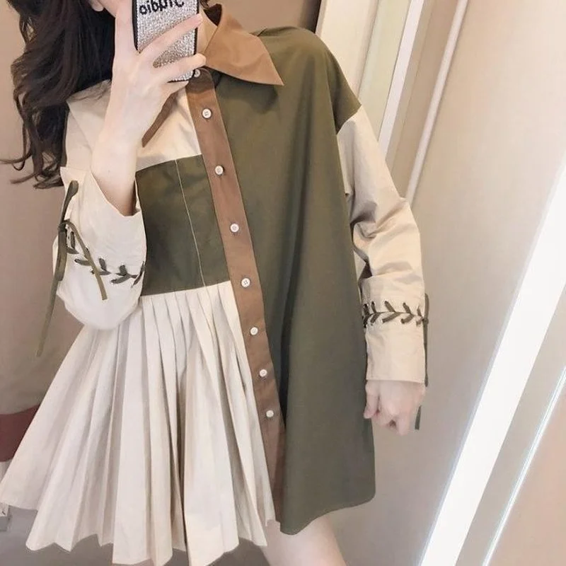 Shirts Women Patchwork Feminine Simple Vintage Spring Single Breasted Fashionable Students New BF Style Outerwear Chic Clothing