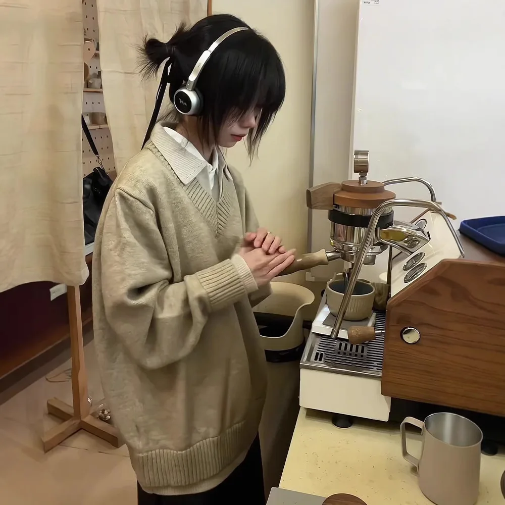 Men's Women Winter Vintage Fake Two Piece V Neck Sweater Lapel Style Knitting Top Outerwear