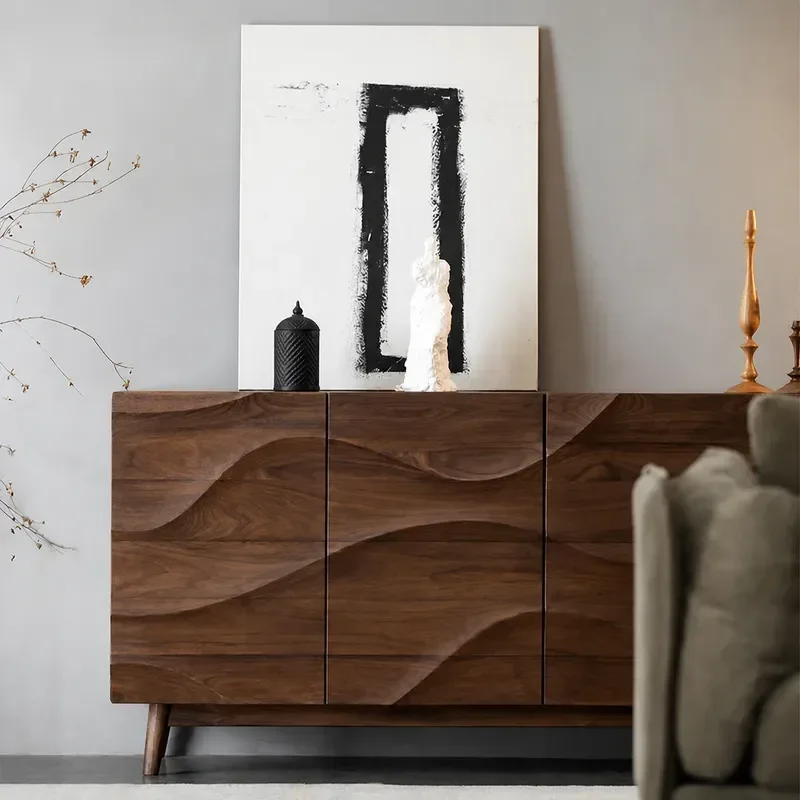 Nordic Oak Dining Side Cabinet Wabi Sabi Walnut Color Storage Entrance Cabinet Solid Wood Furniture