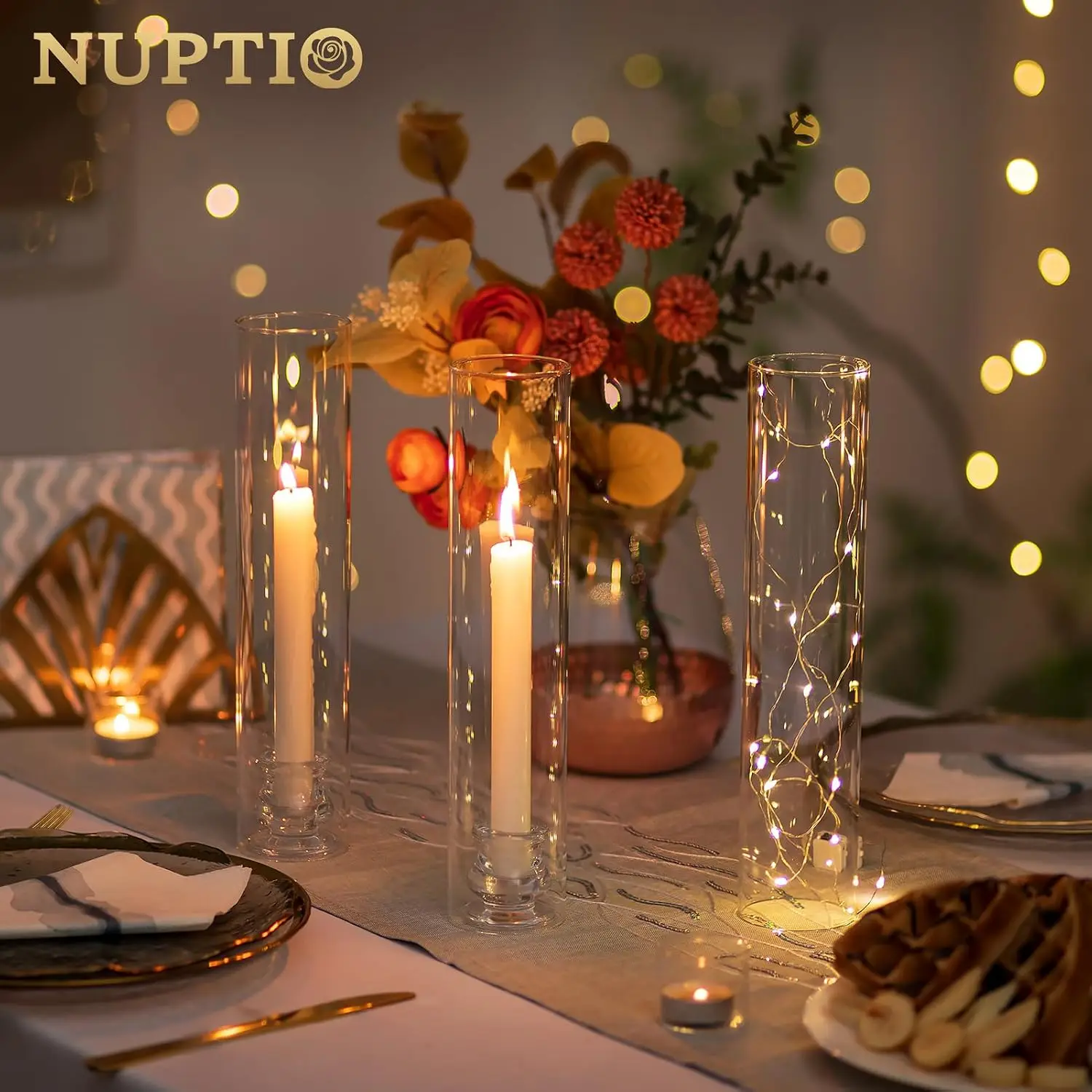 Candlestick Holder Bulk for Centerpiece: Set of 10 Hurricane Glass Taper Candles Holder - Clear Candle Stick Stand with Tall Cylinder Shade for Fall Thanksgiving Christmas Party Decor