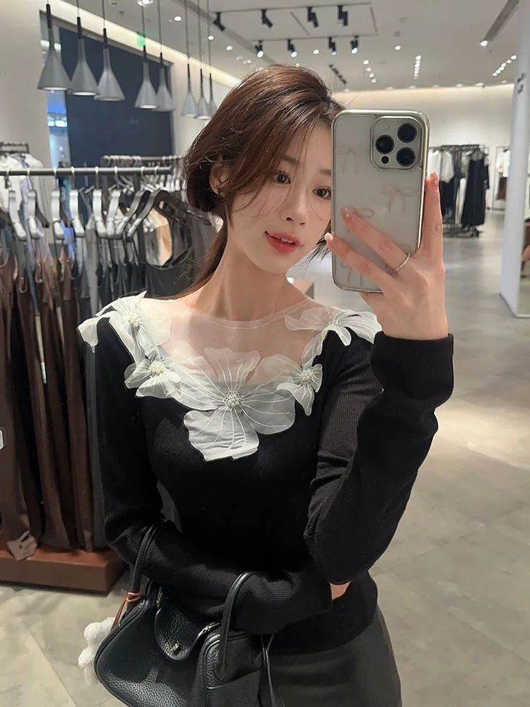 Mesh Flowers Women Sweaters Solid Slash Neck Autumn Winter Pullovers Korean Fashion Elegant Retro Sueter De Mujer