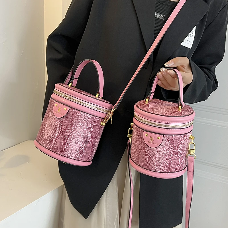 Round Bucket Handbag Purse Vintage Snake Pattern Crossbody Bag For Women 2022 Mini Small Bag Trendy Messenger Bag Luxury Tote