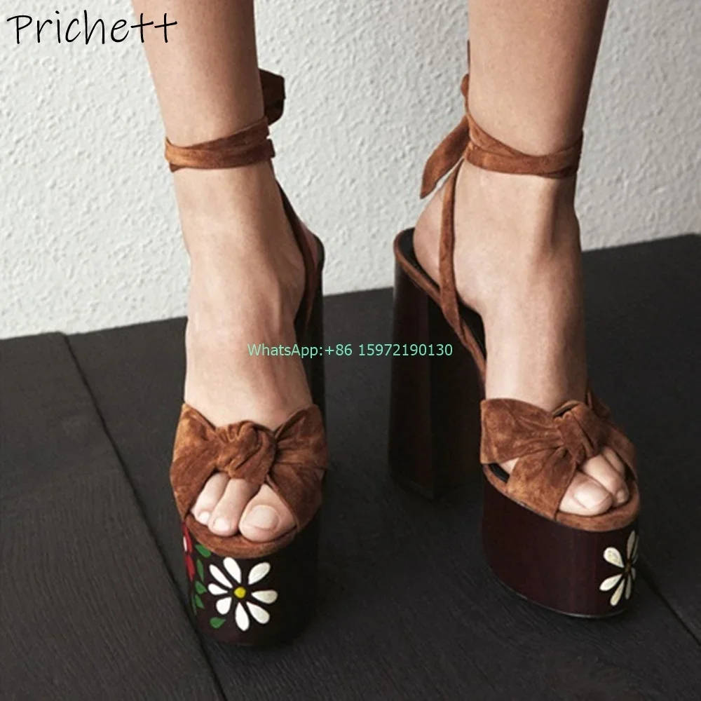Twist Painting Butterfly Knot Sandals Platform Chunky Heels Ankle Band Bows Super High Heels Shoes Summer Big Size Runway Shoes