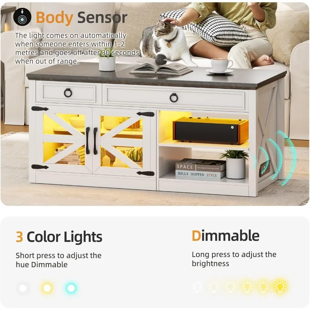 48 Farmhouse Coffee Table with Lifting Top, LED Center Table with Human Sensor Light,Lift Top Coffee Table