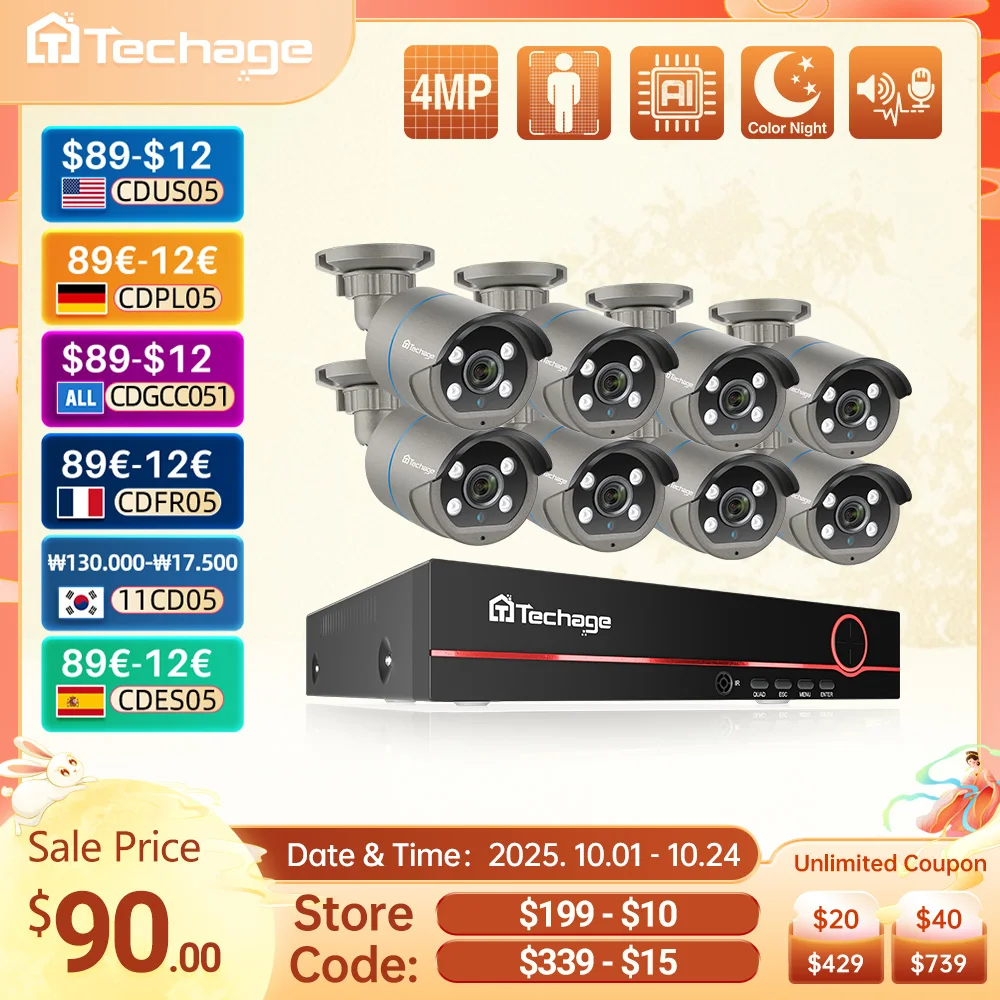 

Techage 4MP 8CH HD H.265 POE Система безопасности CCTV Двусторонняя аудио - сетевая камера Набор видеонаблюдения P2P
