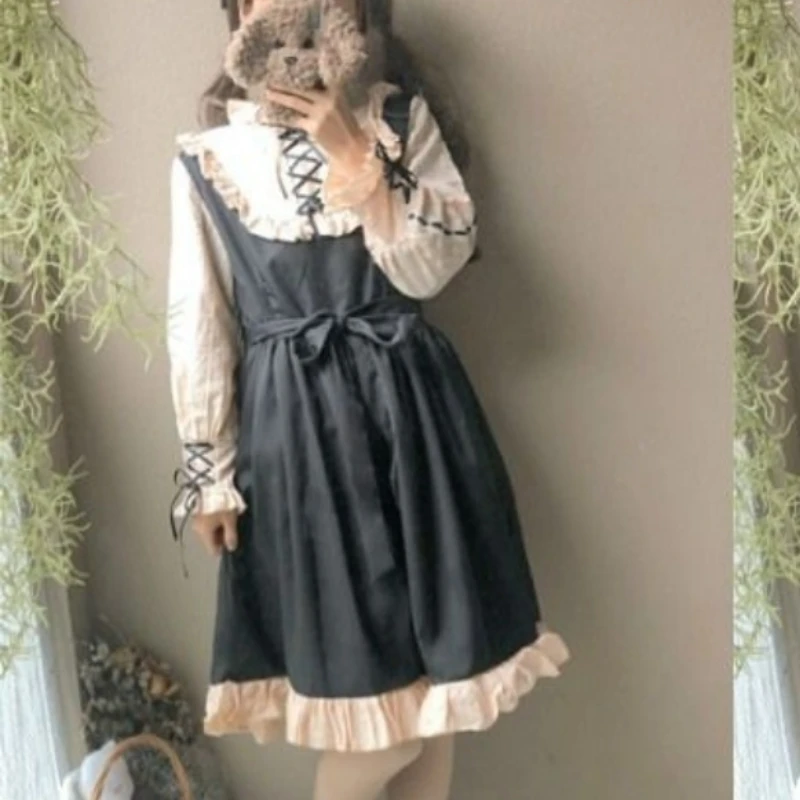 Abito vittoriano gotico Lolita OP Vintage elegante donna volant O collo fasciatura manica lunga abiti da principessa Harajuku Party Dress