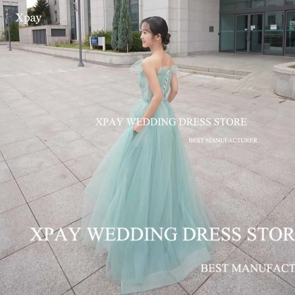 XPAY Sage Green Korea Evening Dresses Strapless Ruffles A Line Prom Dress Photos Shoot Formal Party Occasion Dress  Vestidos