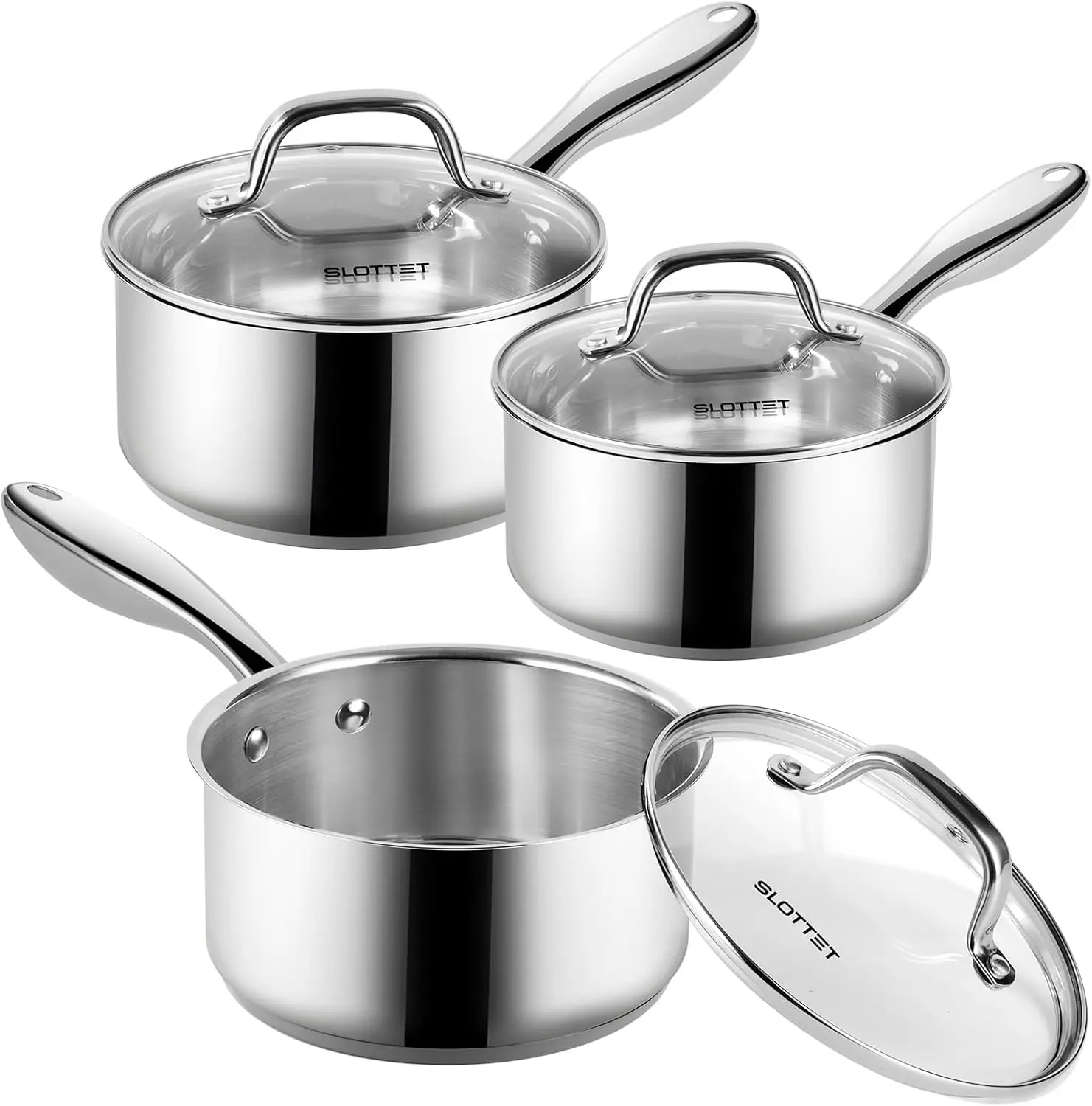 

6 Pcs Stainless Steel Saucepan Set - 1Qt, 2Qt, 3Qt with Lids, Non Stick, Induction Ready, PFOA Free