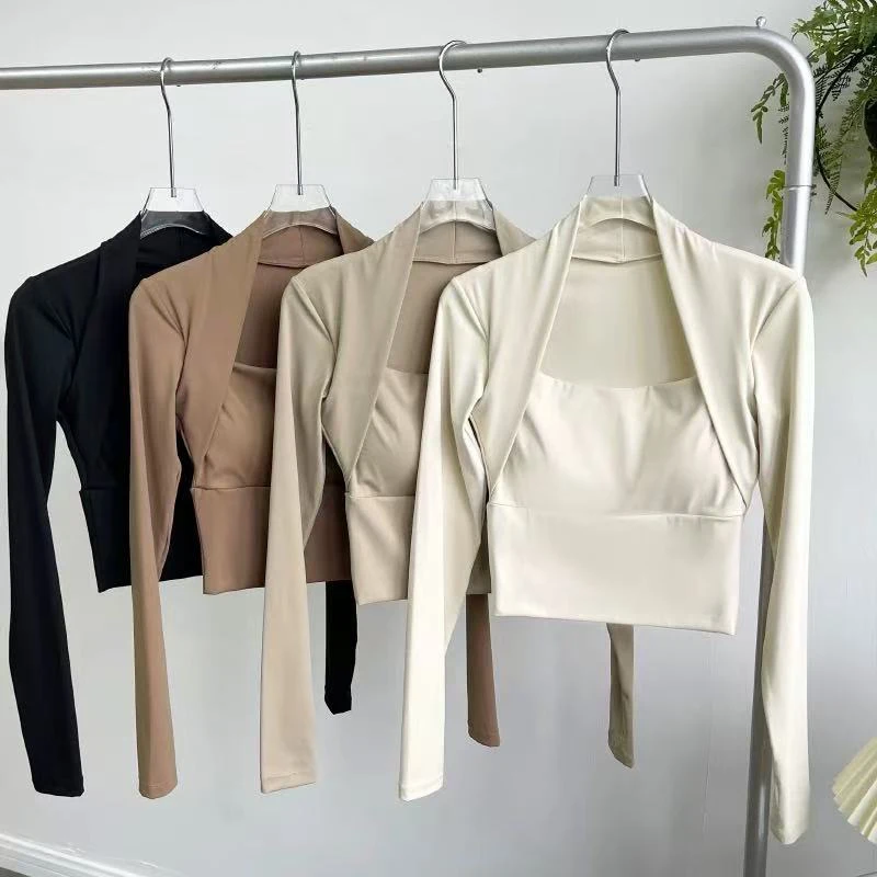 

Women's Long Sleeve Fitness Sports Top Elegant Dance Yoga Shirt with Chest Cushion Small Waistband for Gym Speed up Short