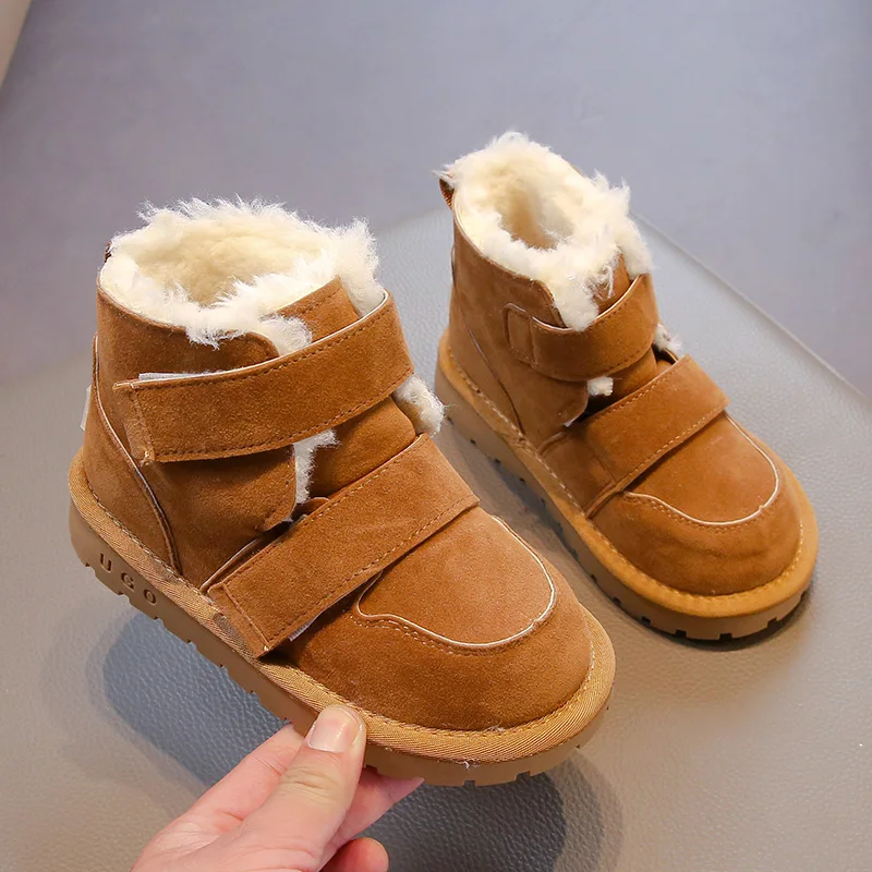 Children's Winter Boots - Brown Suede Ankle Boots with Faux Fur Lining and Velcro Closure, Kids' Snow Boots