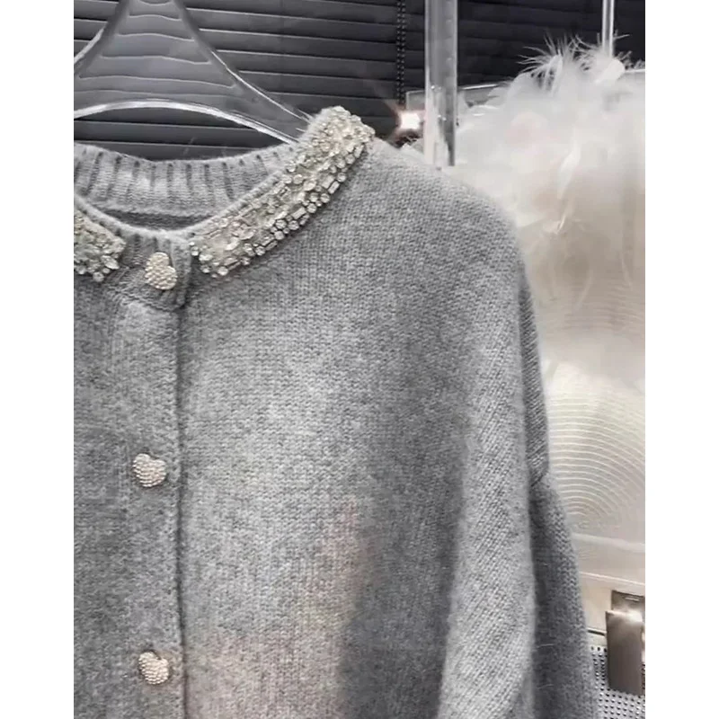 Diamonds Grey Knitted Cardigan Women\'s Autumn 2024 New Korean Fashion O-Neck Long Sleeve Gentle Soft Short Sweater Jacket Mujer