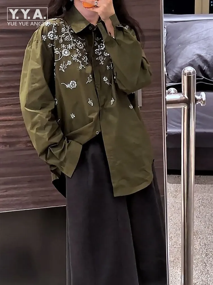 

Женская свободная блузка с бисером и блестками, с длинным рукавом, повседневная, с отложным воротником, на одной пуговице, свободного кроя