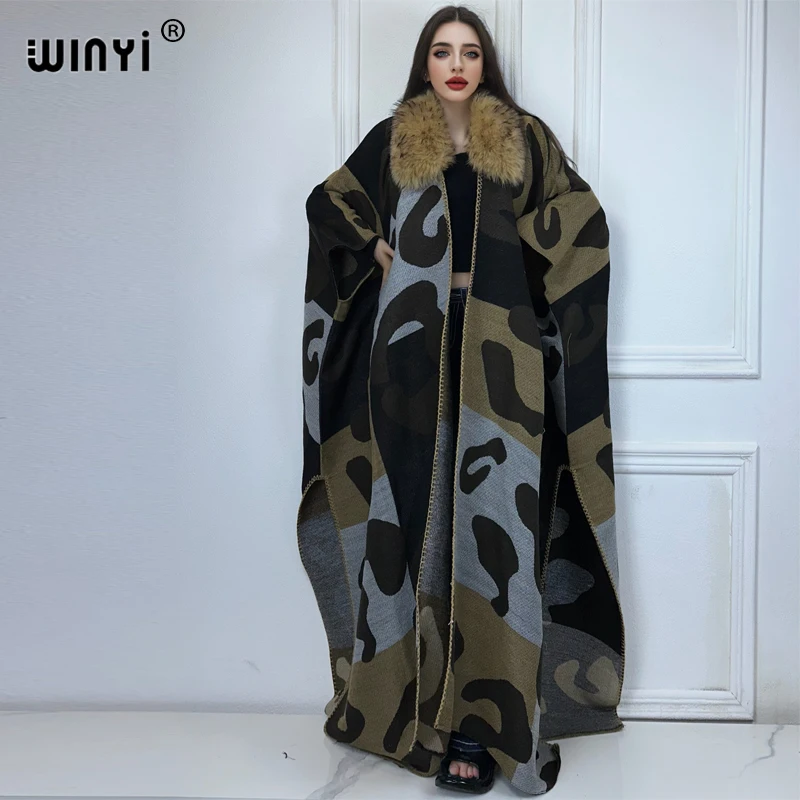 WINYI Africa Artificial fur collar Winter cardigan maxi kimono party dress abaya dubai luxur winter outfits for women down coat