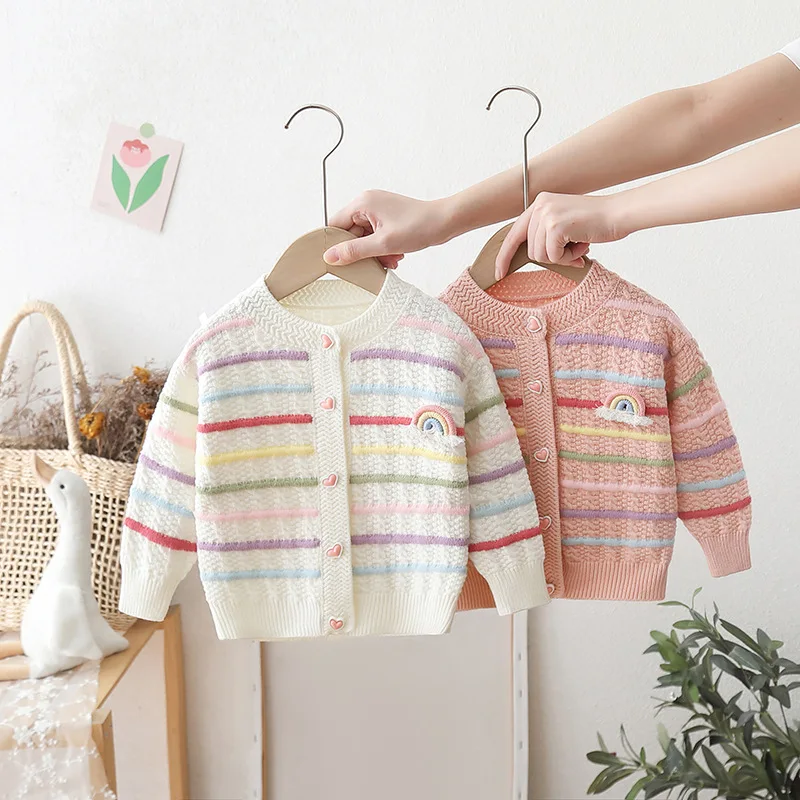 New Baby Girls Knit Cardigan Colorful Stripe Rainbow Embroidery Heart‑Shape Buttons Warm Knit Jacket Kids Autumn Outwear JY09142