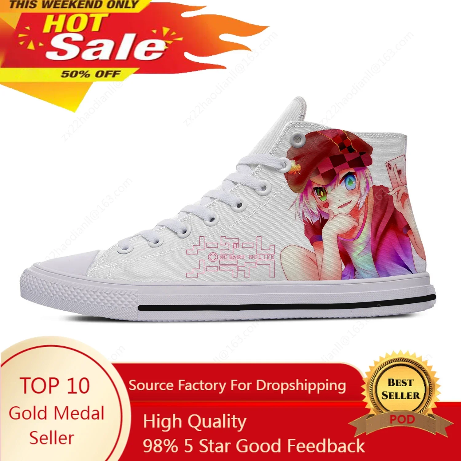 Zapatillas Altas Anime NO GAME NO LIFE para Hombres, Mujeres y Adolescentes, Calzado Casual de Moda, Zapatillas de Lona para Correr, Impresión 3D, Calzado Ligero