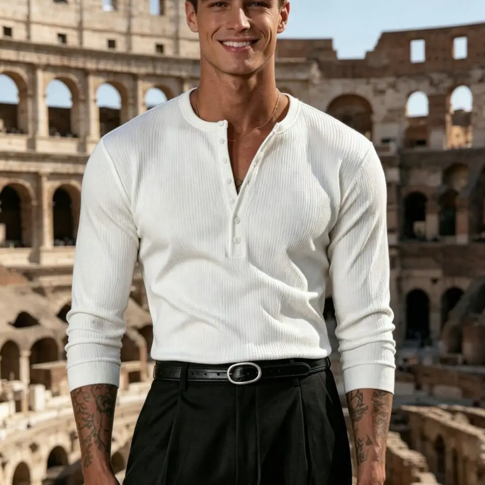 Mens Long Sleeve Henley Shirt Slim Fit Casual Tee Pullover Breathable Soft Polyester Tops Fitness Sports Workout Apparel