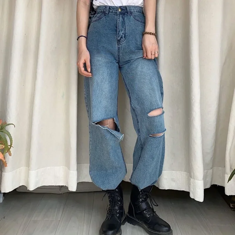 Straight Denim Pants for Women with High Waist and Torn Knees Loose and Thin Denim Pants Suitable for Summer