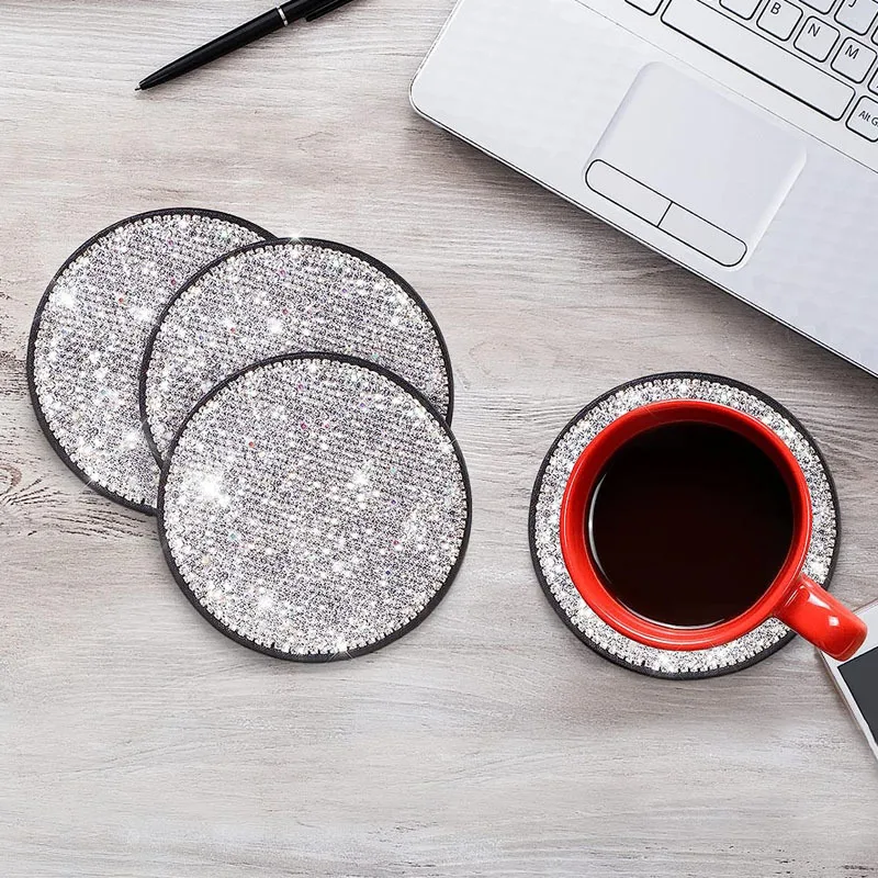 Diamond-set Round Heat-insulated Coaster Set Coffee Water Cup Tea Cuper PU Leather Rhinestones Placemat Kitchen Accessories