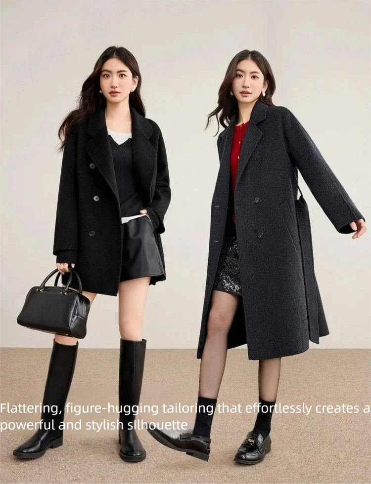 SENTUBILA Damen-Wintermantel aus Wolle mit Doppelreiher, Damen-Oberbekleidung 2026, Business-Mantel für Pendler, mittellanger Mantel mit Gürtel W54OA8781 – Detail 23