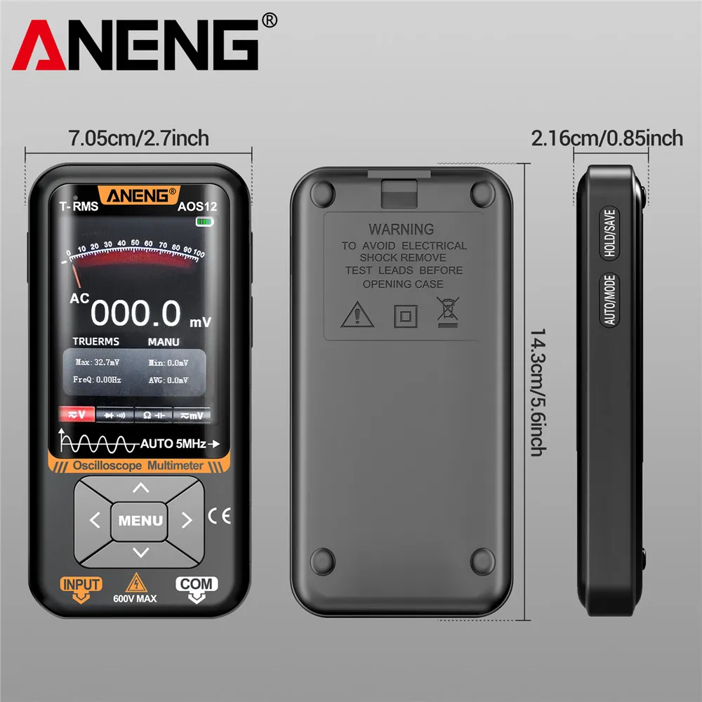 ANENG AOS12 มัลติมิเตอร์ 2-in-1 Oscilloscope 5MHZ 48MSa/s Sampling แบบพกพา Oscilloscope มัลติฟังก์ชั่นเครื่องทดสอบไฟฟ้าเครื่องมือ
