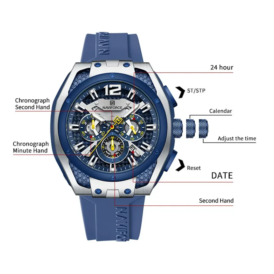 NAVIFORCE 8063 Top Brand Men Quartz Watch Multifunction Sport Chronograph 3ATM Waterproof Wrist Watch Clock Relogio Masculino
