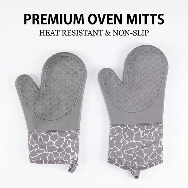 Heat Resistant Silicone Oven Mitts Set with Soft Cotton Lining, Long Flexible Thick Silicone Oven Gloves, Kitchen Mitt