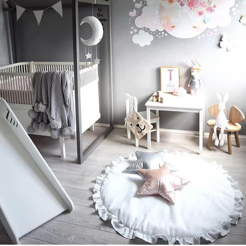 Neue Baumwolle runde einfarbige Spitze Spiel matte Krabbel matte Baby zimmer Teppich Krabbel matte Kinderzimmer dekorative Decke g5