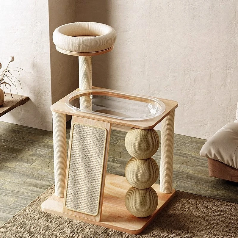 Solid Wood Cat Tree Indoor Cats Tower Transparent Bed Sisal Toy Scratcher Claw Trees Pets Catnap Hammock Cat Tree Post