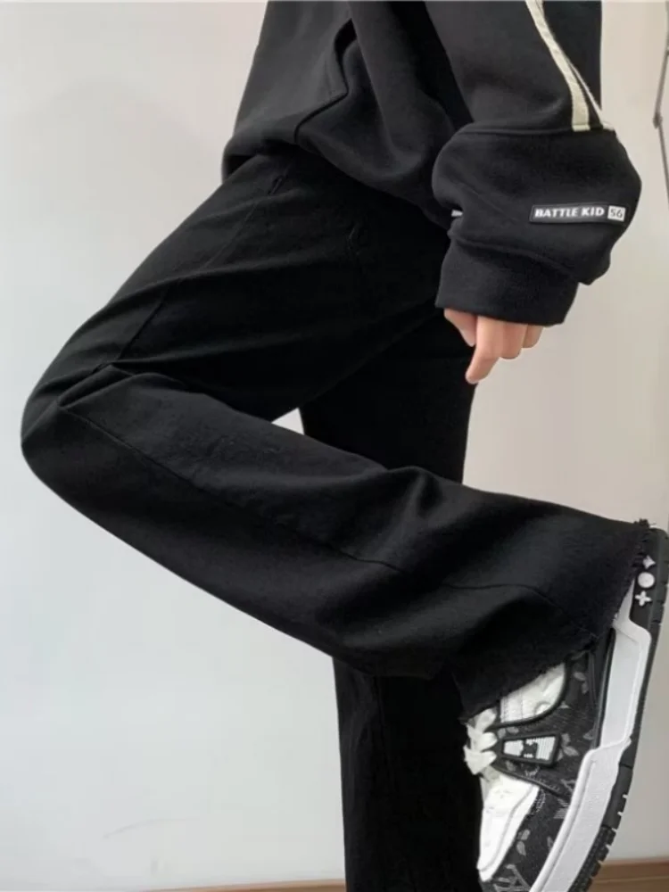 

Slim Fit Men's Denim Jeans Black Straight Leg High Street Fashion Spring Autumn Wear with Frayed Hem Trousers for Teens