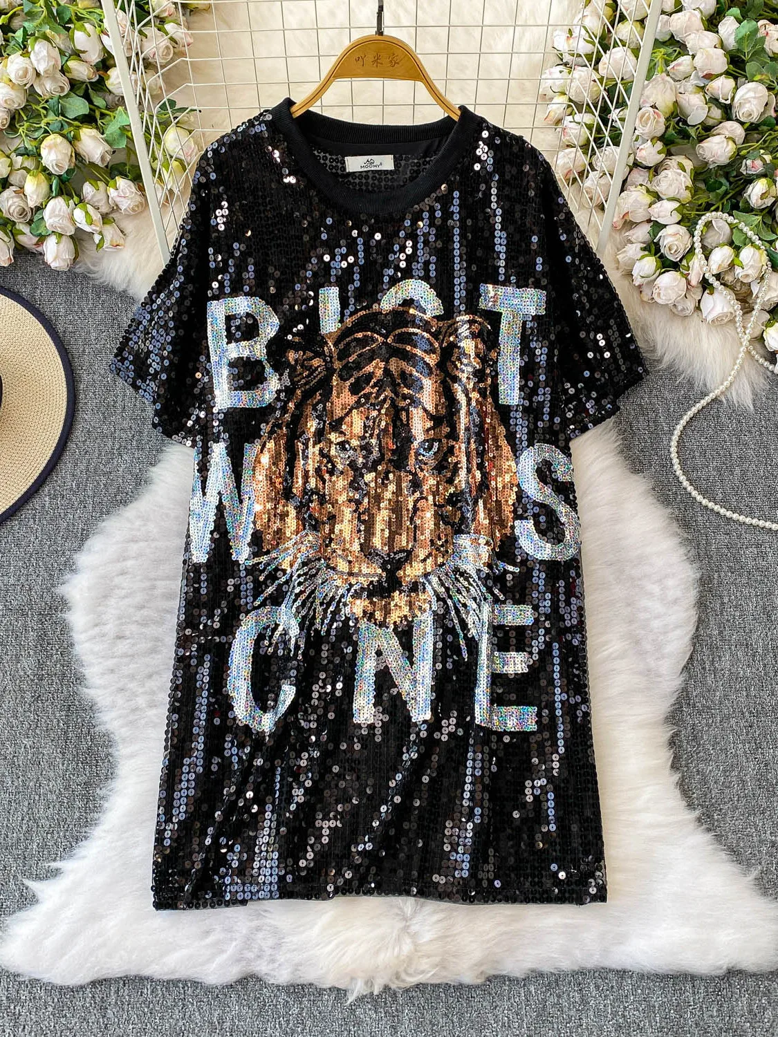 

Женская круглая футболка Ele European Sle Ne, летний утягивающий топ Mi-Mollet Longuer с тигровыми блестками, креативный дизайн