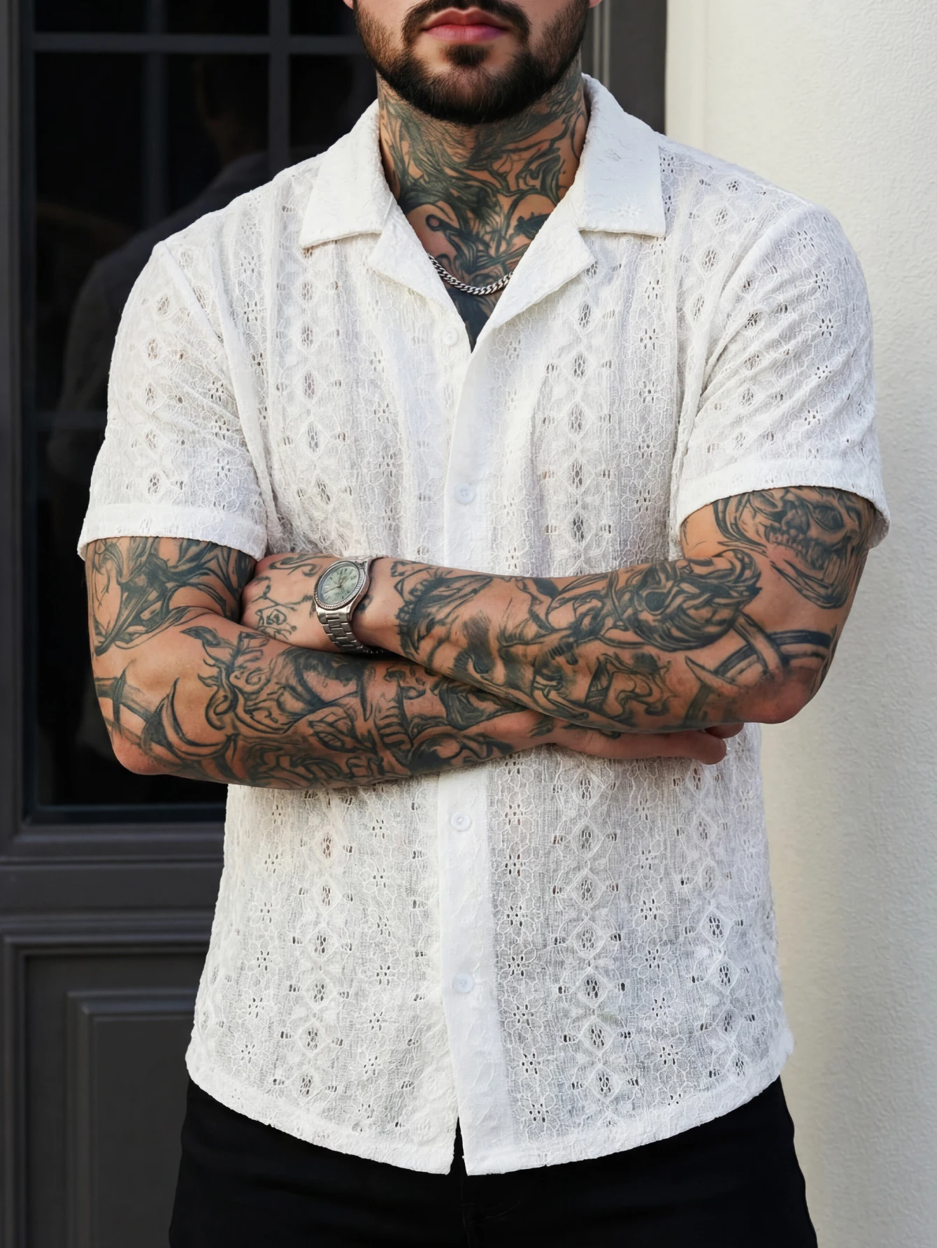 Summer New Men's Knitted Lace Hollow Short-Sleeved Shirt American Retro Fashion Trend Loose Casual Breathable Niche Men's Tops