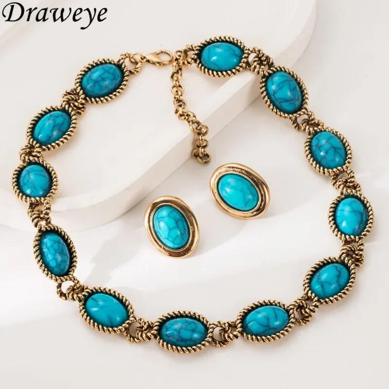 Draweye Turquoise Necklaces for Women Bohemia Vintage Geometric Ethnic Style Jewelry Elegant Fashion Collares Para Mujer