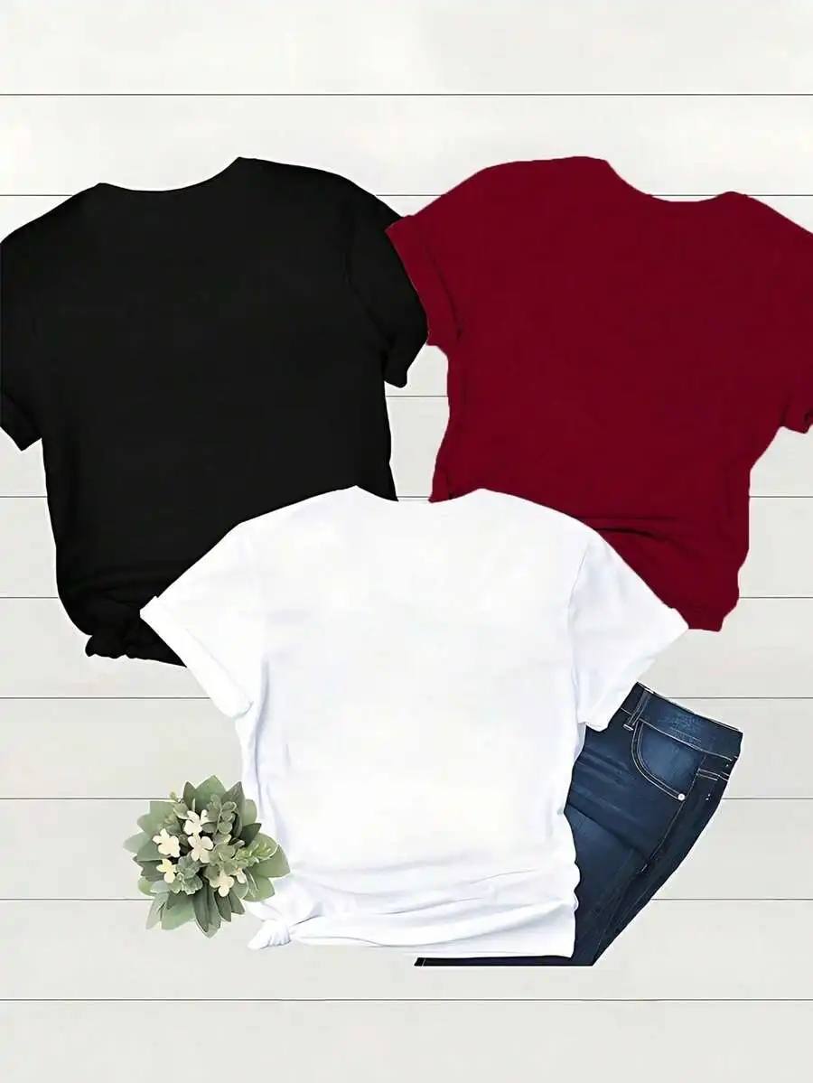 3Pcs Parisian Aesthetic Eiffel Tower Print T Shirt Set Women French Vintage Letter Graphic Tee Pack Summer Short Sleeve Casual Clothes