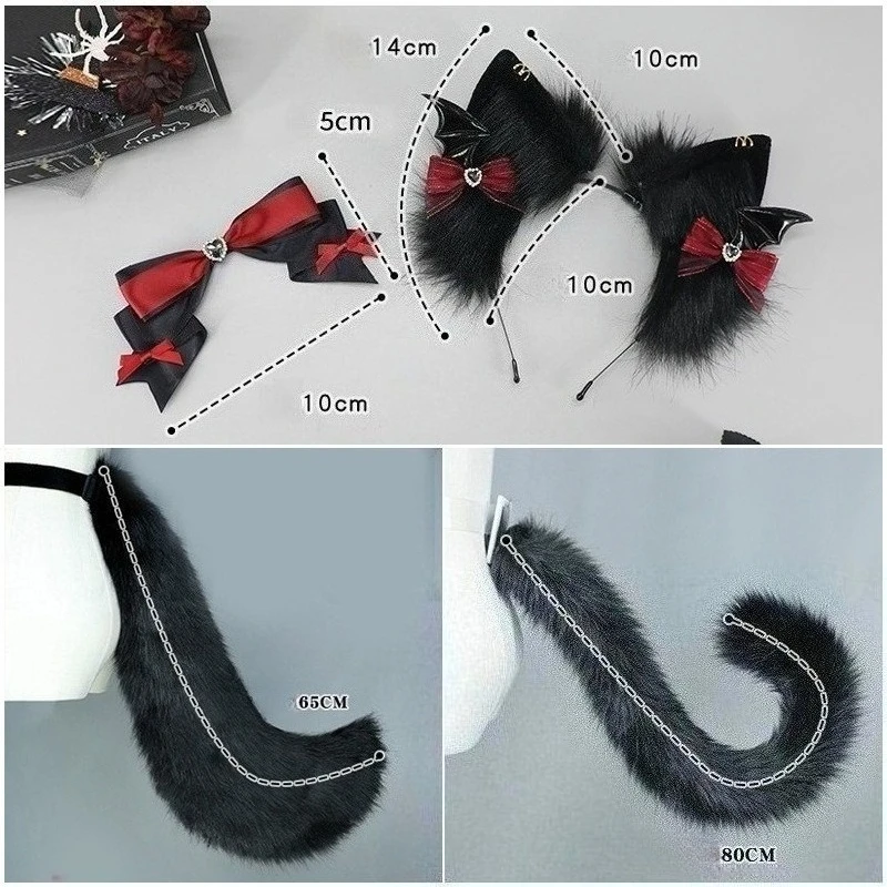 1SET/ Victorian Vampire Cat Ear Headband & Tail - Gothic Lolita Bat Bow Set | Dark Romance Cosplay Accessories