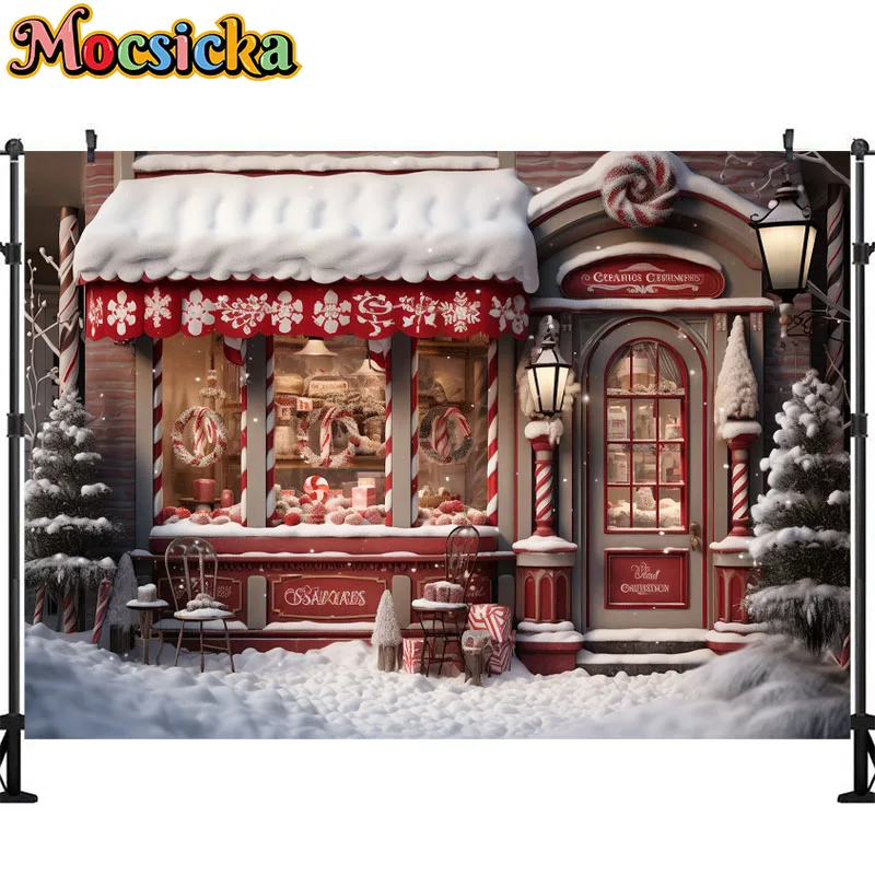 모시카 크리스마스 진저브레드 하우스 배경, 크리스마스 트리, 겨울 눈 눈사람 아기 초상화, 가족 파티 사진 배경